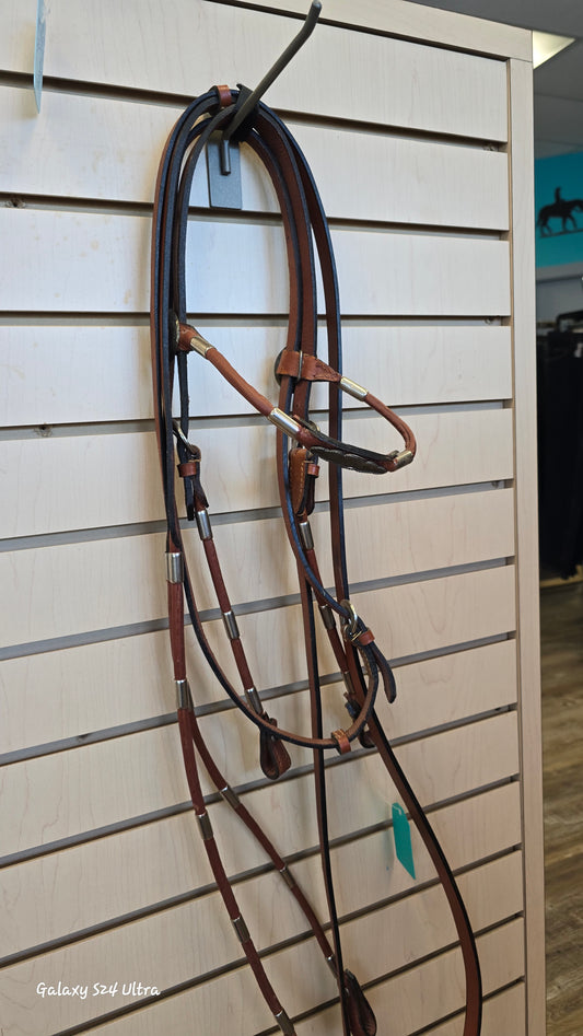 Black & silver headstall with reins and bit